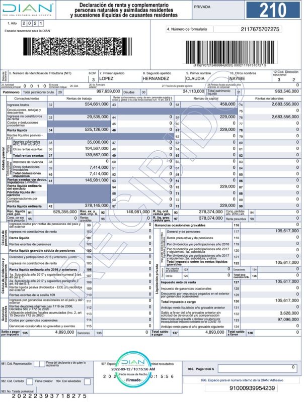 Certificado de declaración de renta 2021 Claudia López