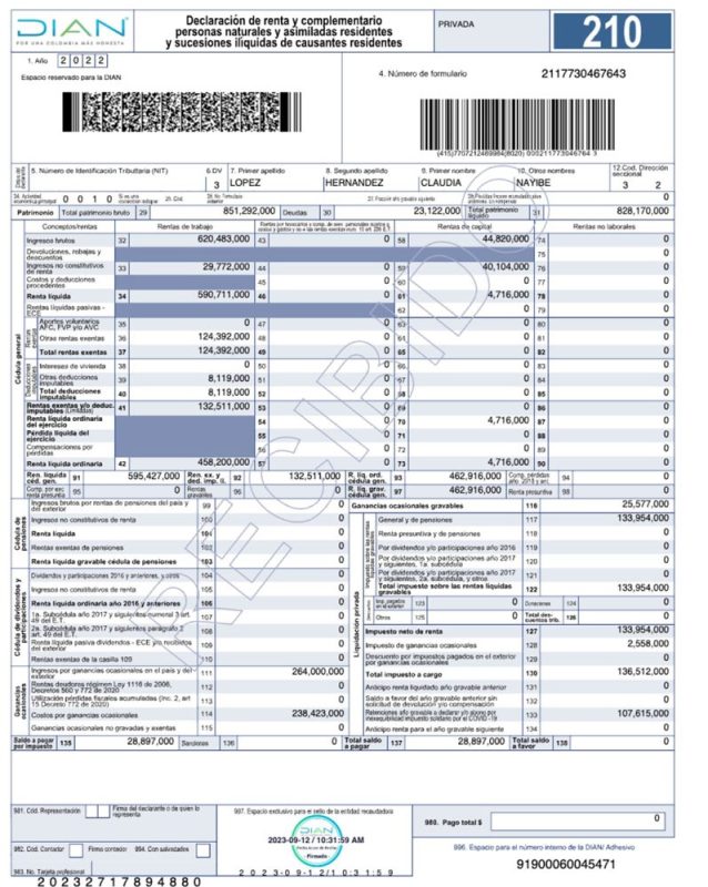 Certificado de declaración de renta 2022 Claudia López