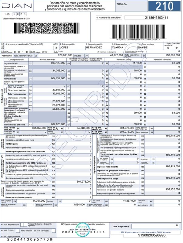 Certificado de declaración de renta 2023 Claudia López