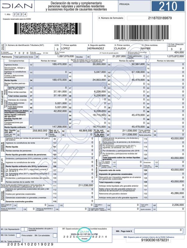 Certificado de declaración de renta 2024 Claudia López