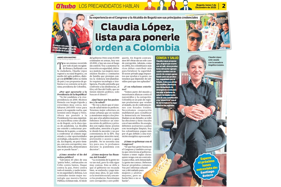 Entrevista completa Claudia López para Q’hubo Bogotá | Prensa Impresa