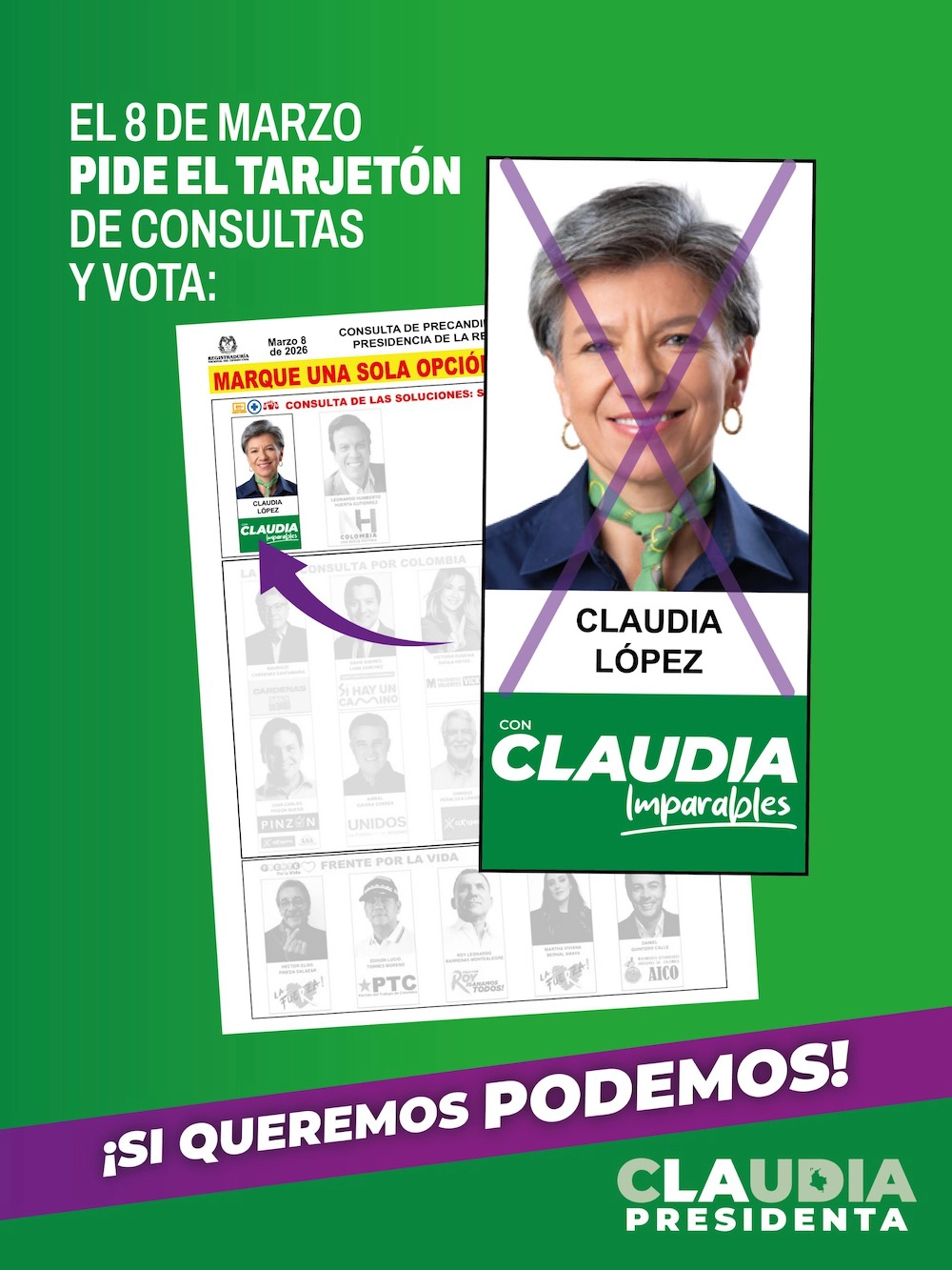 El 8 de marzo pide el tarjetón de la consulta presidencial y vota por Claudia presidente